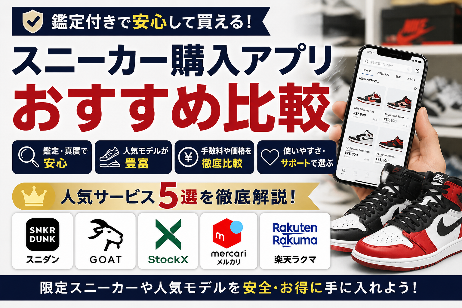 スニーカー購入アプリおすすめ比較｜鑑定付きで安心して買える人気サービスを徹底解説【2026年版】