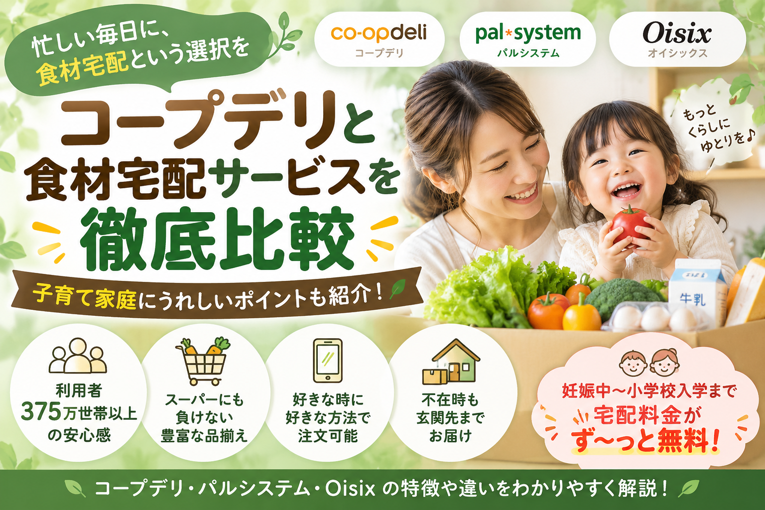 コープデリと食材宅配サービスを比較|宅配料金・品揃え・子育て世帯向け制度の違い